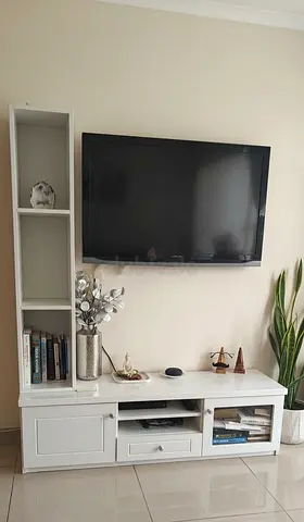 White TV Entertainment Unit with Tall Side Shelf