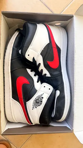 Used Air Jordan-style high-top sneakers (black, white, red) - size 45 EU