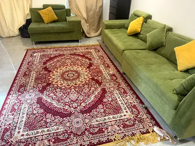 Used Maroon Persian-Style Area Rug in Good Condition, Sofa 8 seater with cushion along with drawer