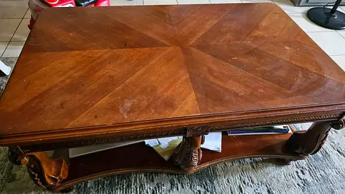 Solid Wood Rectangular Coffee Table with Carved Legs and Lower Shelf