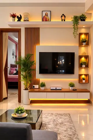 Modern wall-mounted entertainment unit with integrated lighting