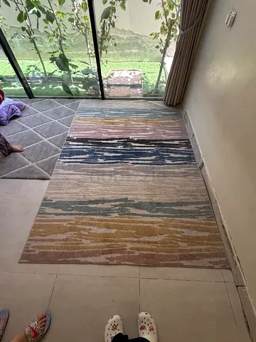 Large modern abstract area rug — neutral tones, good condition carpet