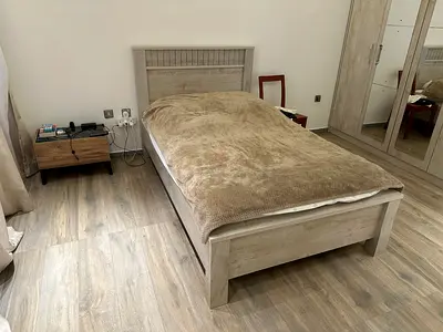 190x90cm, comes with complimentary bedside drawer, 1 duvet, 2 pillows, 2 sets of sheets and covers.