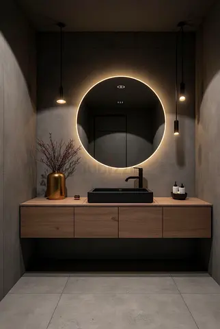 Modern Bathroom Vanity with Round LED Mirror and Pendant Lights