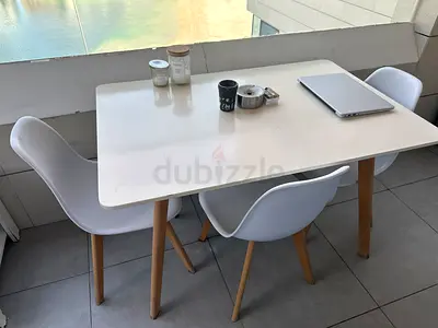 White Scandinavian Dining Table with 4 Matching Chairs - Light Wood Legs