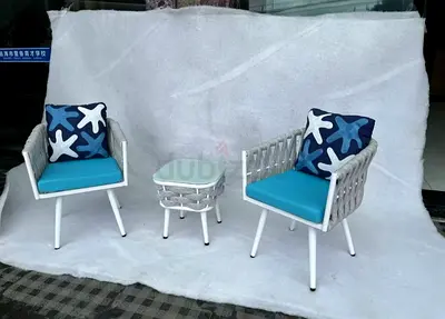 White Wicker Outdoor 2-Seater Chairs with Side Table and Cushions