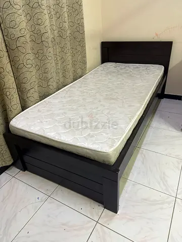 Single wooden bed frame with mattress - dark brown, good condition