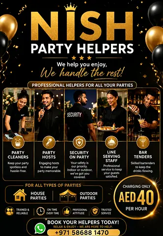 Event hosts, party hosts, cleaners and helpers,  Security for parties. Both house and outdoor partie