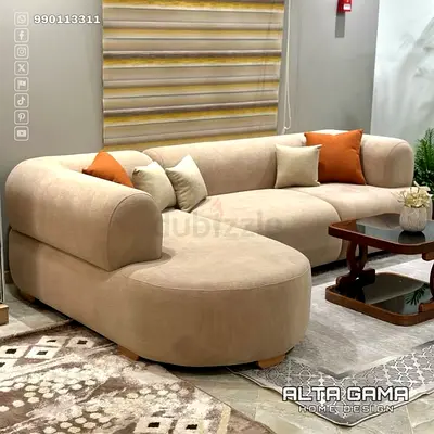 Beige Curved L-Shaped Fabric Sofa with Chaise