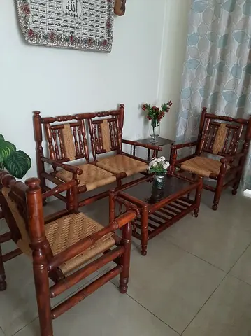 Traditional Solid Wood Sofa Set with Handwoven Cane – Excellent Condition