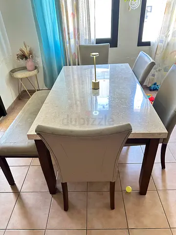 Marble Top Dining Table with 6 Upholstered Chairs - Good Condition
