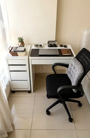White Compact Study Desk with Storage Cabinet - Good Condition