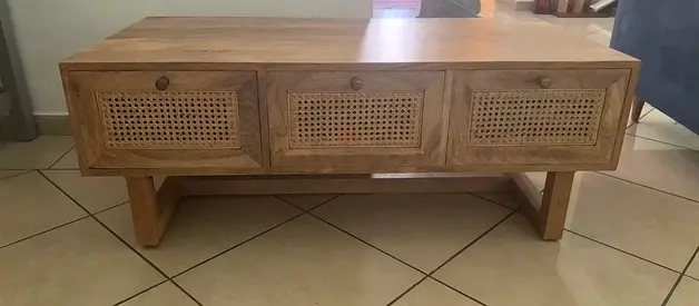 Solid Wood Coffee Table with Woven Rattan Drawer Fronts