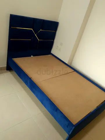 Blue Velvet Single Bed Frame with Geometric Headboard