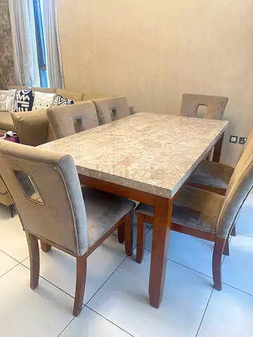Solid Wood Dining Table with Marble-Effect Top and 6 Upholstered Chairs