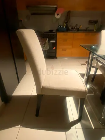 Glass Top Dining Table with 6 Beige Fabric Chairs
