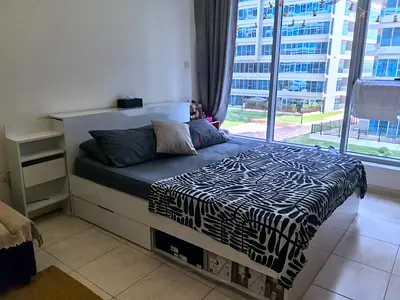 White storage platform double bed with headboard and drawers  Mattress – good condition