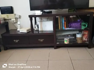 Dark Wood TV Entertainment Unit with Glass Cabinet - Good Condition