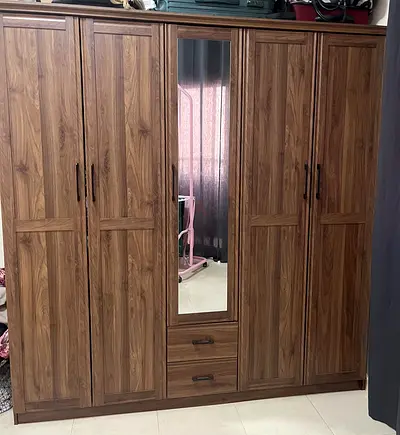Five-Door Wooden Wardrobe with Shelves and Drawers - Dark Walnut Finish