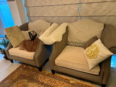 Pair of Comfortable Grey Fabric Armchairs and sofa — Good Condition