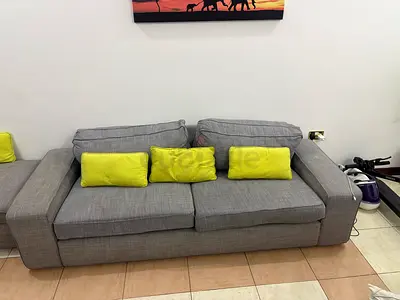 Comfortable Grey Fabric Sofa with Cushions and ottoman