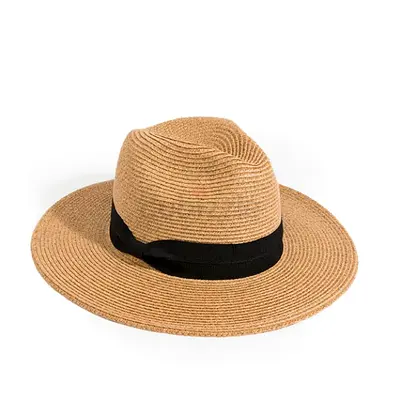 Light Brown Straw Fedora Hat with Black Band - One Size