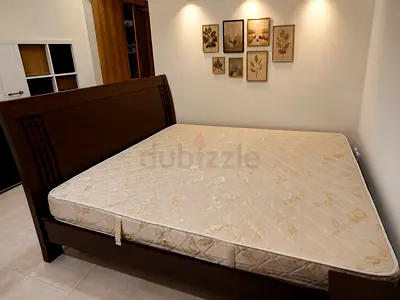 King Size Bed Frame with Used Mattress - Good Condition. With side table.