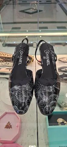 Chanel Black Slingback Flats with Crystal Detailing, Size Unknown