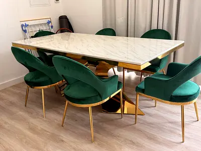Marble-top Dining Table with 6 Green Velvet Gold-Leg Chairs