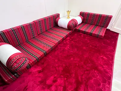 Traditional Majlis Sofa Seating Set with Red Plush Carpet
