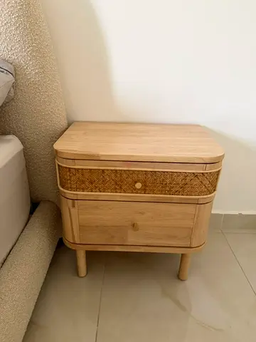Light wood bedside table with woven rattan drawer - Great condition