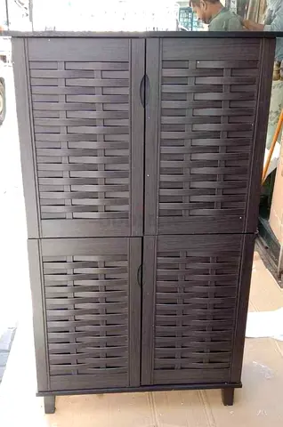 Tall Dark Brown Woven-Style Wooden Storage Cabinet, 4-Door