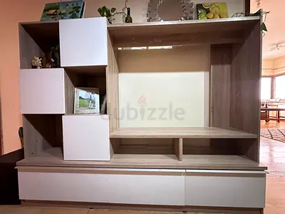 Wooden TV Entertainment Unit with Storage Shelves