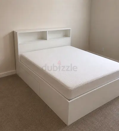 URGENT- Queen size bed with mattress - White Storage Platform Bed with Shelf Headboard and drawers