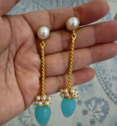 Long Gold-Tone Drop Earrings with Pearls and Blue Chalcedony Drops