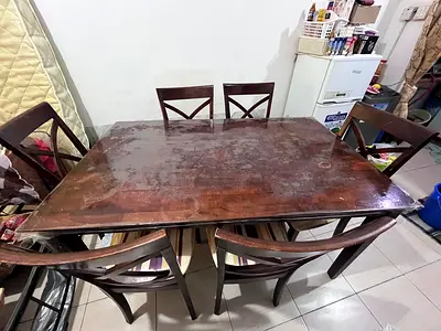 Wooden 6-Seater Dining Table with Chairs - Solid Top, Used, Gas stove, portable stove, mixer grinder