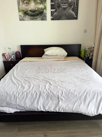Dark Wood King Size Bed Headboard with Side Nightstands and 2 drawers underneath. Mattress included