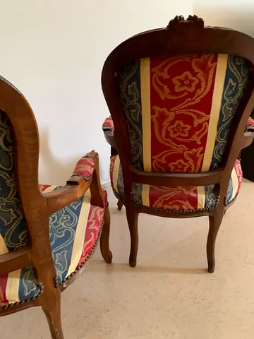 Pair of vintage carved wooden upholstered dining chairs