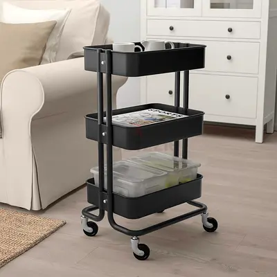 Black 3-Tier Rolling Storage Trolley – Metal Utility Cart