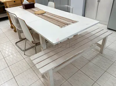 White Solid Wood Dining Table with Bench and 4 chairs (not matching) - Seats 6