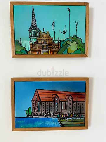 Pair of Framed Nautical  Cityscape Paintings — Signed Set