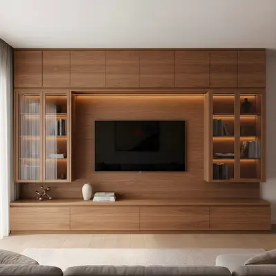 Modern Entertainment Center with Built-in Cabinets and LED Shelves