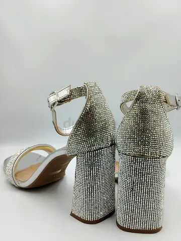 Silver Rhinestone Block Heel Sandals, Size 40- Sparkly Evening Shoes