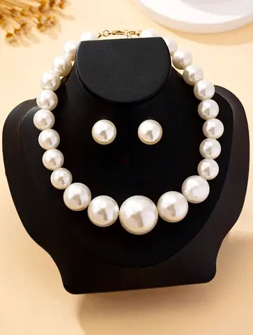 Classic Pink Pearl Necklace and Stud Earrings Set - Statement Collar