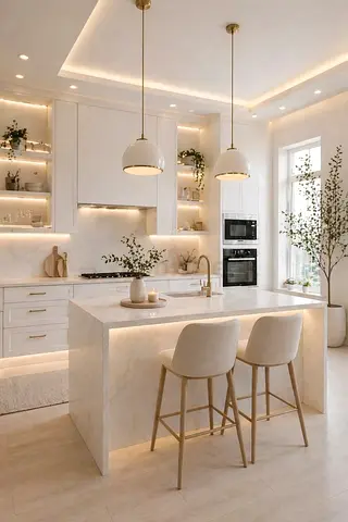 Modern kitchen island with pendant lights and stools