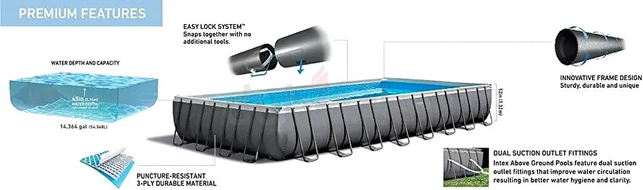 Large Rectangular Above-Ground Family Swimming Pool - Metal Frame
