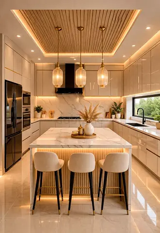 Modern Kitchen Island with Three Stools and Pendant Lights
