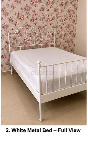 White Metal Double Bed Frame with Decorative Headboard - Full Size