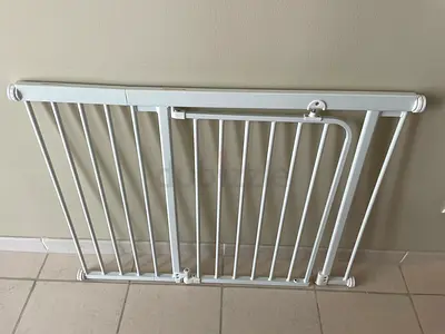 White Metal Baby Safety Gate — Pressure Mount, Good Condition