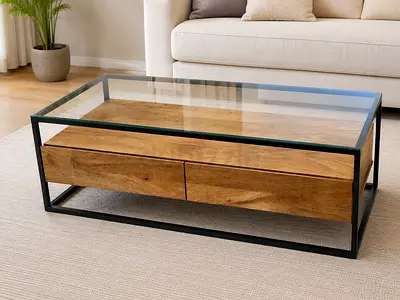 West Elm Box Frame Storage glass top coffee table with solid wooden drawers